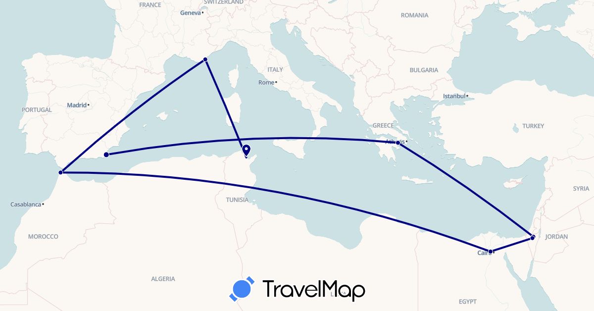 TravelMap itinerary: driving in Egypt, Spain, France, Israel, Morocco, Tunisia (Africa, Asia, Europe)